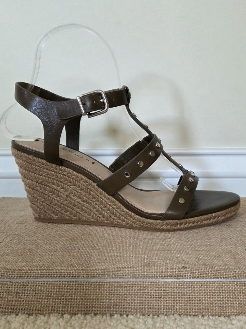 Via Spiga Olive Leather Studded Wedge Sandals